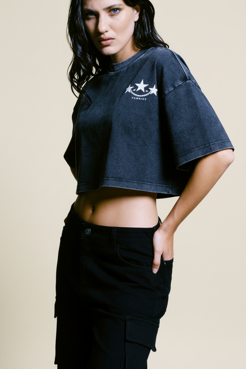 LYRA 01 — Heavyweight Washed Cropped Crewneck (Black) — 230GSM